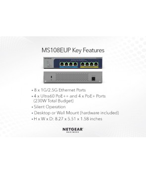 Netgear MS108EUP-100EUS - Switch con 230W PoE++, 8 puertos 1G/2.5G 2