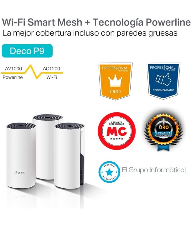 TP-LINK Deco P9 (3-pack) - Sistema Wi-Fi de malla híbrida para todo el hogar Deco P9AC1200 + AV1000