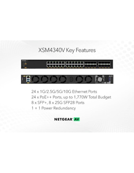 Netgear XSM4340V-100NES - M4350-24X8F8V switch gest. 24x(1GB,2.5GB,5GB,10GB) PoE++, 8xSFP+, 8xSFP28 (1GB,10GB,25GB) para apilar