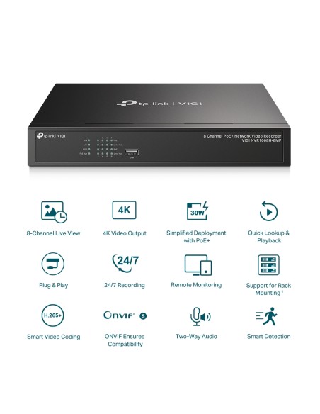 TP-Link VIGI NVR1008H-8MP - Grabador de vídeo de 8 canales 8MP PoE+