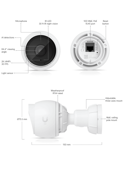 Ubiquiti UVC-G5-BULLET-3 - Pack 3 cámaras PoE 2K HD 30 FPS con sensor CMOS de 5MP