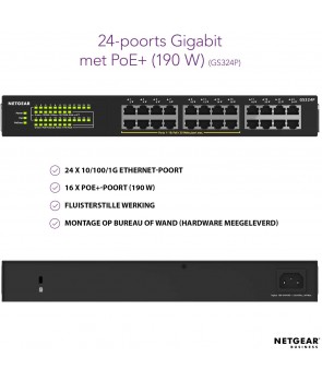 Netgear GS324P-100EUS - ProSafe Switch 24 puertos Gigabit PoE, con 190W PoE budget y 16 puertos PoE+ 2